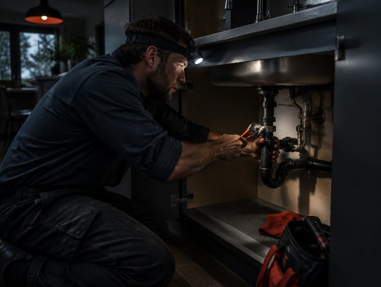 Plumber repairing pipes under a kitchen sink