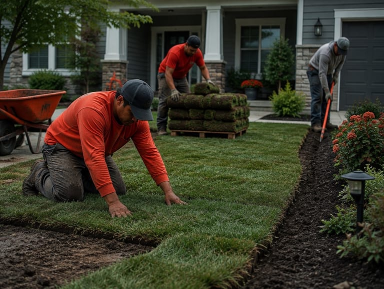 Landscaping crew laying sod on a front lawn