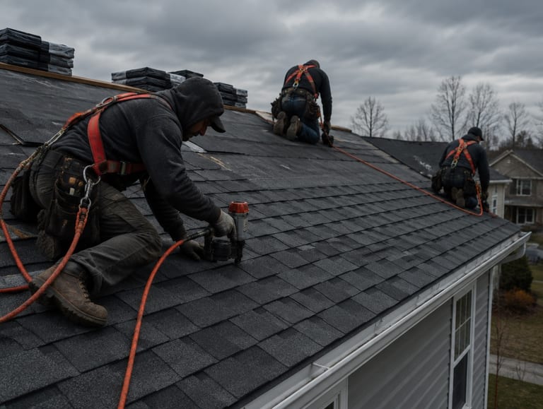 Roofing crew installing shingles on a house
