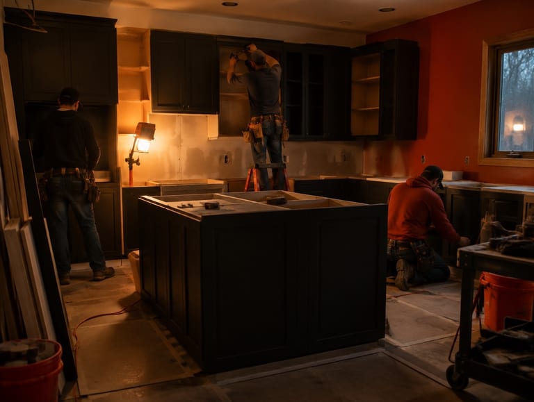 Renovation crew installing kitchen cabinets