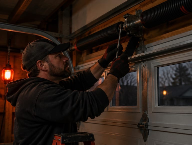 Technician adjusting a residential garage door