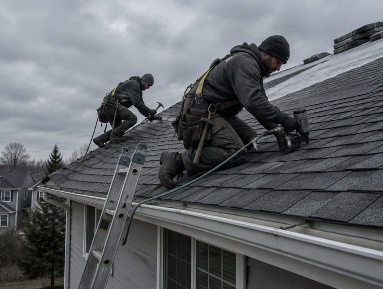 Roofing crew nailing shingles on a suburban roof
