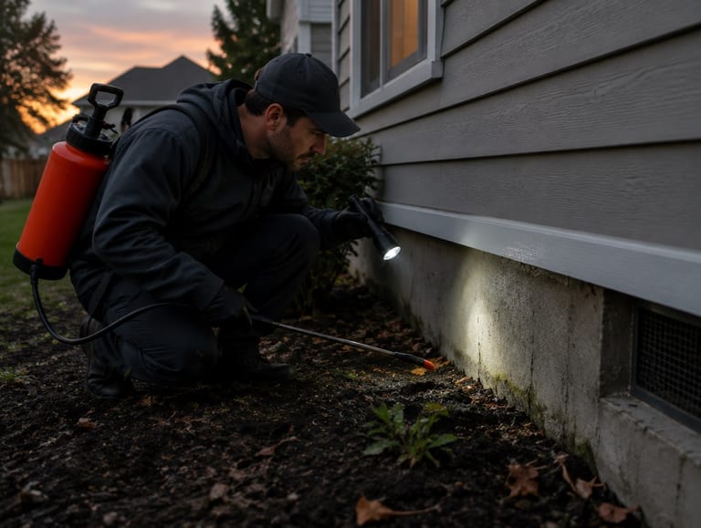 Pest control technician inspecting a home foundation